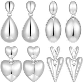 4 Pairs Gold/Silver/Rose Gold Dangle Earrings Set for Women, Hypoallergenic Lightweight 14K Gold Waterdrop Heart Geometric Drop Earrings Pack Fashion Jewelry Gift