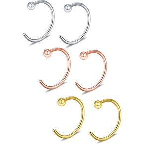 Ruifan 6PCS Stainless Steel Body Jewelry Piercing Earrings Nose Hoop Ring Unisex With Ball Top 20 Gauge 6mm/8mm/10mm