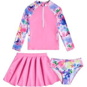 Girls Swimsuit 3-Piece Zipper Rash Guard UPF 50+ Long Sleeve Skirt Set Bathing Suit Size 6-12 Years