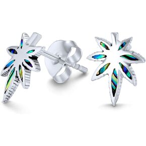 Personalized Rainbow Iridescent Inlay Abalone Shell Weed Marijuana Leaf Lever Back Drop Dangle Stud Earrings Necklace Pendant Western Jewelry For Women .925 Sterling Silver Customizable