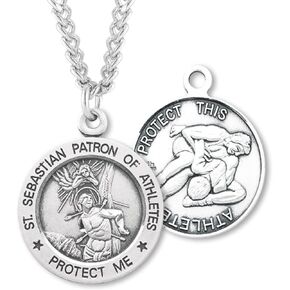 Heartland Men's Sterling Silver Round Saint Sebastian Wrestling Pendant + USA Made + Chain Choice