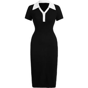 GORGLITTER Women's Color Block Button Down Bodycon Midi Dress Collar Short Sleeve T Shirt Dresses