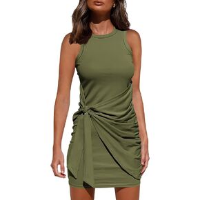BTFBM Women's 2023 Summer T Shirt Dress Casual Sleeveless Wrap Bodycon Ruched T Shirt Spring Dress Tie Waist Mini Dresses