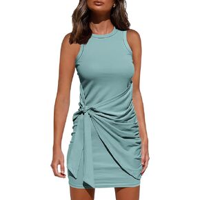 BTFBM Women's 2023 Summer T Shirt Dress Casual Sleeveless Wrap Bodycon Ruched T Shirt Spring Dress Tie Waist Mini Dresses