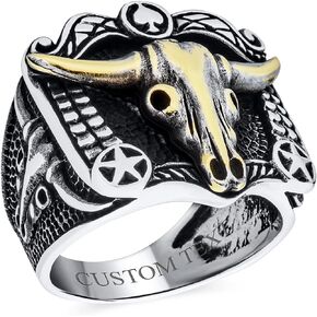 Personalized Men's Signet Brown Tiger Eye Black Onyx Oval Gemstone Western Texas Longhorn Buffalo Cow Skull Antelope Goat Skull Men's Ring .925 Sterling Silver Made In Turkey Customizable