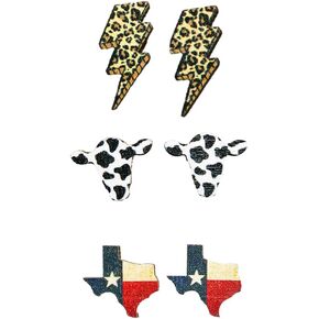 3-6 Pairs Western Cowgirl Cowboy Wooden Earrings for Women Girls Handmade Boho Vintage Sunflower Animal Cactus Cowboy Boots Print Stud Earrings