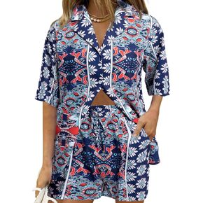 BLANCHES Womens Hawaiian 2 Piece Tracksuit: Outfit Short Sleeve Button Down Shirt and Shorts Lounge Set