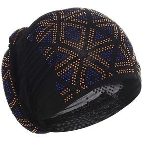 Woeoe African Rhinestone Turban Cap Black Pre Tied Headscarf Bonnet Pleated Twisted Beanie Head Wrap Stretchy Head Cover Cap for Women Girls