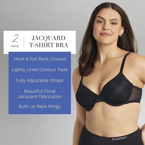 ELLEN TRACY حمالة صدر تي شيرت للاستخدام اليومي مع سلك داخلي - راحة ناعمة وجاكار زهري - عبوة متعددة من قطعتين in Kuwait