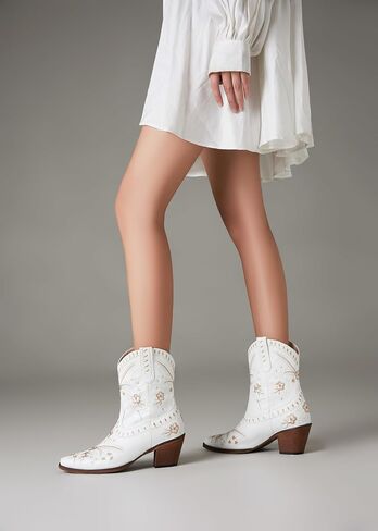 White Cowboy Boots - Trendy Ankle Boots for Women with Wide Calf - Stand Out with these Stylish Embroidered Denim Short Boots! in Saudi Arabia