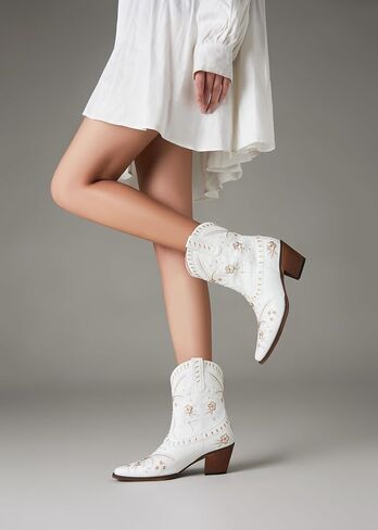 White Cowboy Boots - Trendy Ankle Boots for Women with Wide Calf - Stand Out with these Stylish Embroidered Denim Short Boots! in Saudi Arabia