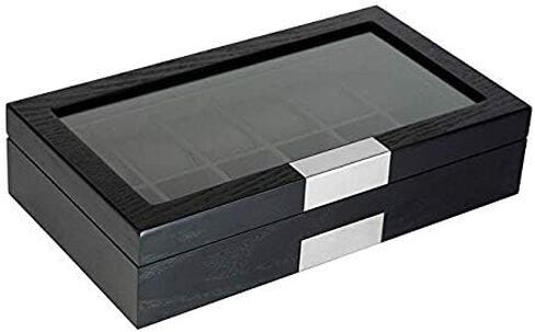 20 Black Ebony Wood Watch Extra Height Box Display Case 2 Level Storage Jewelry Organizer with Glass Top, Stainless Steel Accents, and 2 Drawers in Saudi Arabia