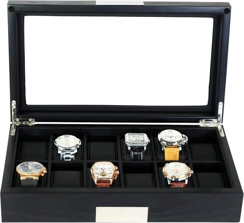 20 Black Ebony Wood Watch Extra Height Box Display Case 2 Level Storage Jewelry Organizer with Glass Top, Stainless Steel Accents, and 2 Drawers in Saudi Arabia