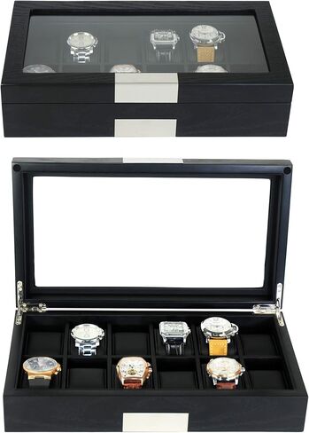 20 Black Ebony Wood Watch Extra Height Box Display Case 2 Level Storage Jewelry Organizer with Glass Top, Stainless Steel Accents, and 2 Drawers in Saudi Arabia