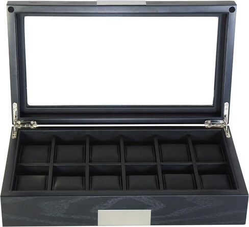 20 Black Ebony Wood Watch Extra Height Box Display Case 2 Level Storage Jewelry Organizer with Glass Top, Stainless Steel Accents, and 2 Drawers in Saudi Arabia