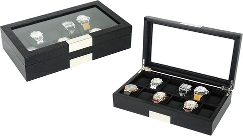 20 Black Ebony Wood Watch Extra Height Box Display Case 2 Level Storage Jewelry Organizer with Glass Top, Stainless Steel Accents, and 2 Drawers in Saudi Arabia