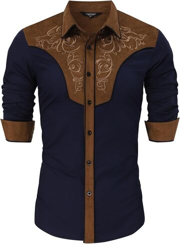 قمصان TURETRENDY للرجال من رعاة البقر الغربيين، قمصان كاجوال مطرزة بأكمام طويلة وأزرار للأسفل، قمصان هيبي in Kuwait