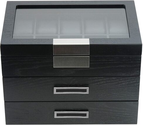 20 Black Ebony Wood Watch Extra Height Box Display Case 2 Level Storage Jewelry Organizer with Glass Top, Stainless Steel Accents, and 2 Drawers in Saudi Arabia