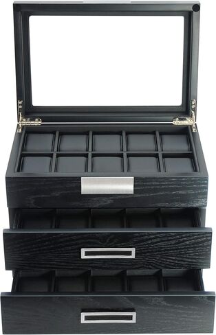 20 Black Ebony Wood Watch Extra Height Box Display Case 2 Level Storage Jewelry Organizer with Glass Top, Stainless Steel Accents, and 2 Drawers in Saudi Arabia