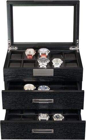 20 Black Ebony Wood Watch Extra Height Box Display Case 2 Level Storage Jewelry Organizer with Glass Top, Stainless Steel Accents, and 2 Drawers in Saudi Arabia