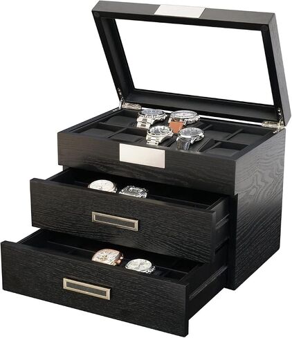 20 Black Ebony Wood Watch Extra Height Box Display Case 2 Level Storage Jewelry Organizer with Glass Top, Stainless Steel Accents, and 2 Drawers in Saudi Arabia