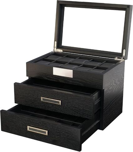 20 Black Ebony Wood Watch Extra Height Box Display Case 2 Level Storage Jewelry Organizer with Glass Top, Stainless Steel Accents, and 2 Drawers in Saudi Arabia