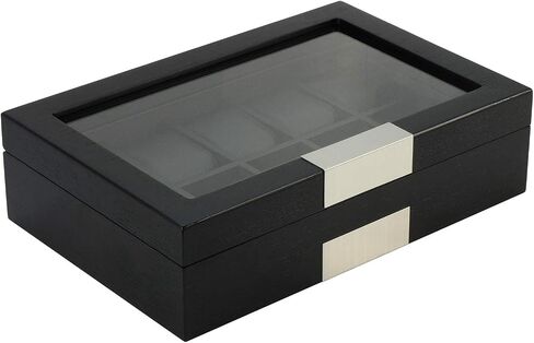 20 Black Ebony Wood Watch Extra Height Box Display Case 2 Level Storage Jewelry Organizer with Glass Top, Stainless Steel Accents, and 2 Drawers in Saudi Arabia
