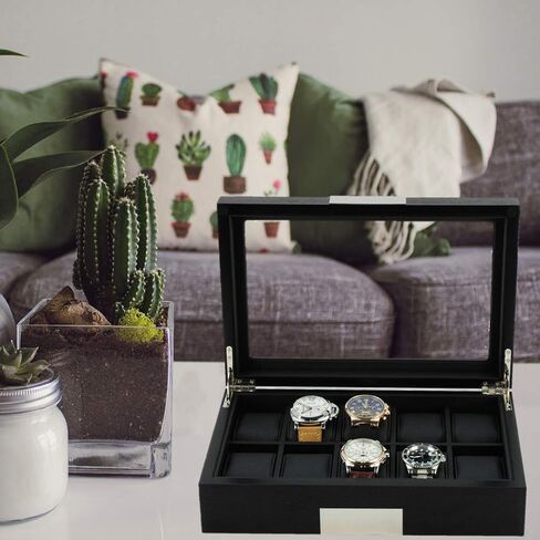 20 Black Ebony Wood Watch Extra Height Box Display Case 2 Level Storage Jewelry Organizer with Glass Top, Stainless Steel Accents, and 2 Drawers in Saudi Arabia