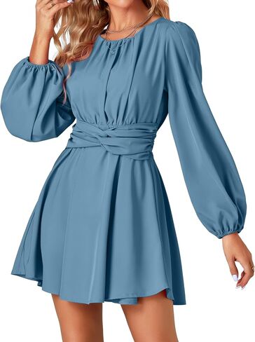 Umenlele Women's Lantern Long Sleeve Twist Knot Tie Waist Crewneck Flowy A Line Short Mini Dress in Saudi Arabia