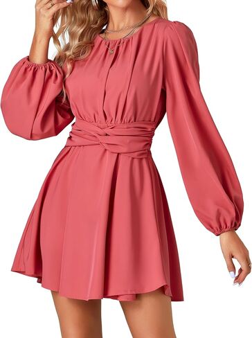 Umenlele Women's Lantern Long Sleeve Twist Knot Tie Waist Crewneck Flowy A Line Short Mini Dress in Saudi Arabia