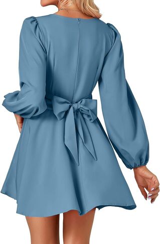 Umenlele Women's Lantern Long Sleeve Twist Knot Tie Waist Crewneck Flowy A Line Short Mini Dress in Saudi Arabia