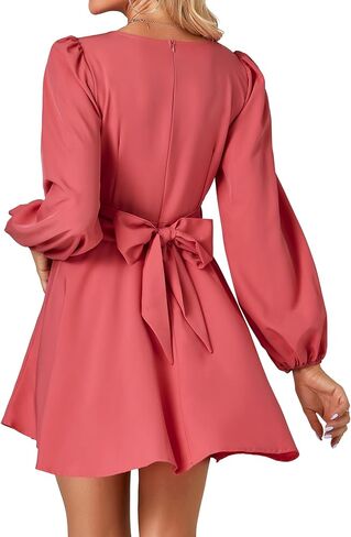 Umenlele Women's Lantern Long Sleeve Twist Knot Tie Waist Crewneck Flowy A Line Short Mini Dress in Saudi Arabia