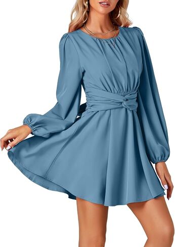 Umenlele Women's Lantern Long Sleeve Twist Knot Tie Waist Crewneck Flowy A Line Short Mini Dress in Saudi Arabia