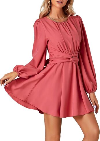 Umenlele Women's Lantern Long Sleeve Twist Knot Tie Waist Crewneck Flowy A Line Short Mini Dress in Saudi Arabia