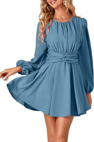 Umenlele Women's Lantern Long Sleeve Twist Knot Tie Waist Crewneck Flowy A Line Short Mini Dress in Saudi Arabia