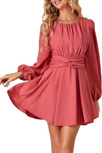 Umenlele Women's Lantern Long Sleeve Twist Knot Tie Waist Crewneck Flowy A Line Short Mini Dress in Saudi Arabia