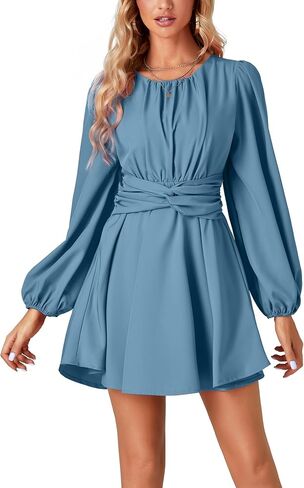 Umenlele Women's Lantern Long Sleeve Twist Knot Tie Waist Crewneck Flowy A Line Short Mini Dress in Saudi Arabia
