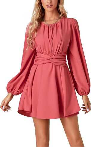 Umenlele Women's Lantern Long Sleeve Twist Knot Tie Waist Crewneck Flowy A Line Short Mini Dress in Saudi Arabia