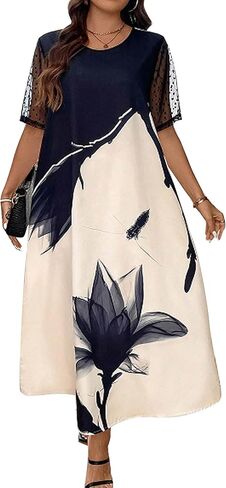 فستان نسائي بمقاس كبير، فستان طويل من الدانتيل المتباين ورقبة دائرية وأكمام قصيرة، مناسب للصيف in Kuwait