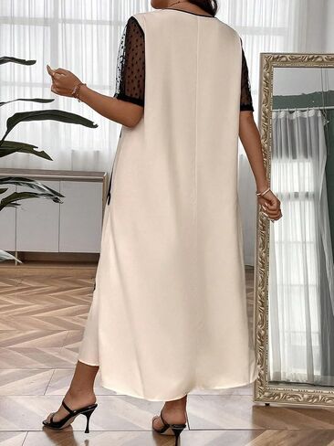 فستان نسائي بمقاس كبير، فستان طويل من الدانتيل المتباين ورقبة دائرية وأكمام قصيرة، مناسب للصيف in Kuwait