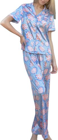 Charlotte Garden Pathways Floral Blue Button Up Satin Women's Pajama Set, X-Large in Saudi Arabia