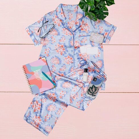 Charlotte Garden Pathways Floral Blue Button Up Satin Women's Pajama Set, X-Large in Saudi Arabia