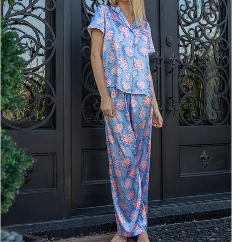 Charlotte Garden Pathways Floral Blue Button Up Satin Women's Pajama Set, X-Large in Saudi Arabia