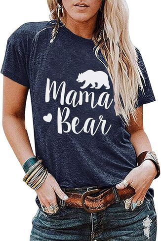 Women Mama Bear Graphic T-Shirts Summer Crew Neck Letter Print Short Sleeve Comfy Blouses Tees in Saudi Arabia
