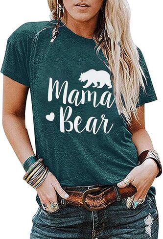 Women Mama Bear Graphic T-Shirts Summer Crew Neck Letter Print Short Sleeve Comfy Blouses Tees in Saudi Arabia