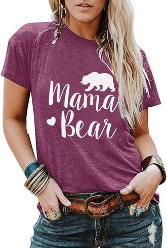 Women Mama Bear Graphic T-Shirts Summer Crew Neck Letter Print Short Sleeve Comfy Blouses Tees in Saudi Arabia