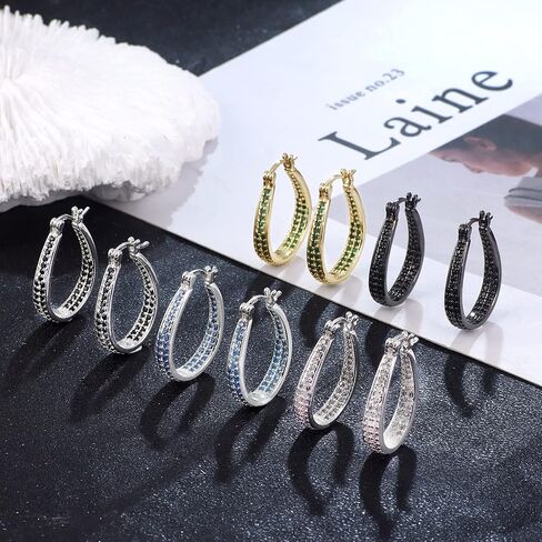 أقراط ريتاتش من الفضة الإسترليني عيار 925 للنساء 14 قيراط مطلية بالذهب الأبيض 5A مكعب زركونيا بيضاوية أقراط فضية مكتنزة لهدايا المجوهرات in Kuwait