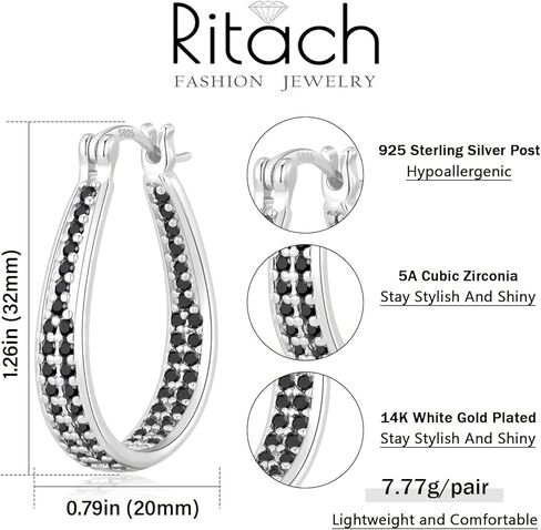 أقراط ريتاتش من الفضة الإسترليني عيار 925 للنساء 14 قيراط مطلية بالذهب الأبيض 5A مكعب زركونيا بيضاوية أقراط فضية مكتنزة لهدايا المجوهرات in Kuwait