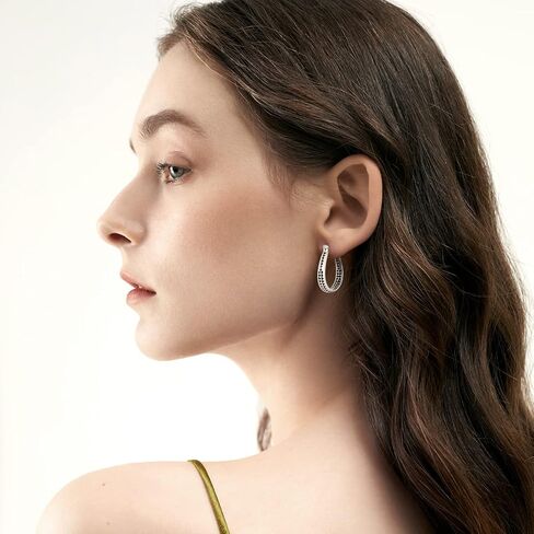 أقراط ريتاتش من الفضة الإسترليني عيار 925 للنساء 14 قيراط مطلية بالذهب الأبيض 5A مكعب زركونيا بيضاوية أقراط فضية مكتنزة لهدايا المجوهرات in Kuwait