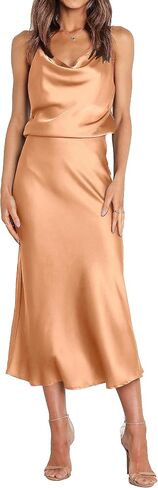 WICIWI Women's Satin Slip Dress 2024 Cowl Neck Spaghetti Straps Backless Sexy Wedding Club Cocktail Midi Bodycon Dresses in Saudi Arabia